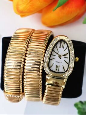 Gold Serpenti Inspired Wrap Watch Crystal Bezel Snake Style